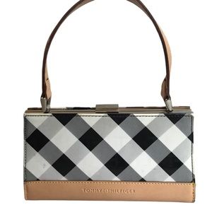 Vintage Tommy Hilfiger Purse Mini Bag Patent Leather Black White Gingham Tan Y2K